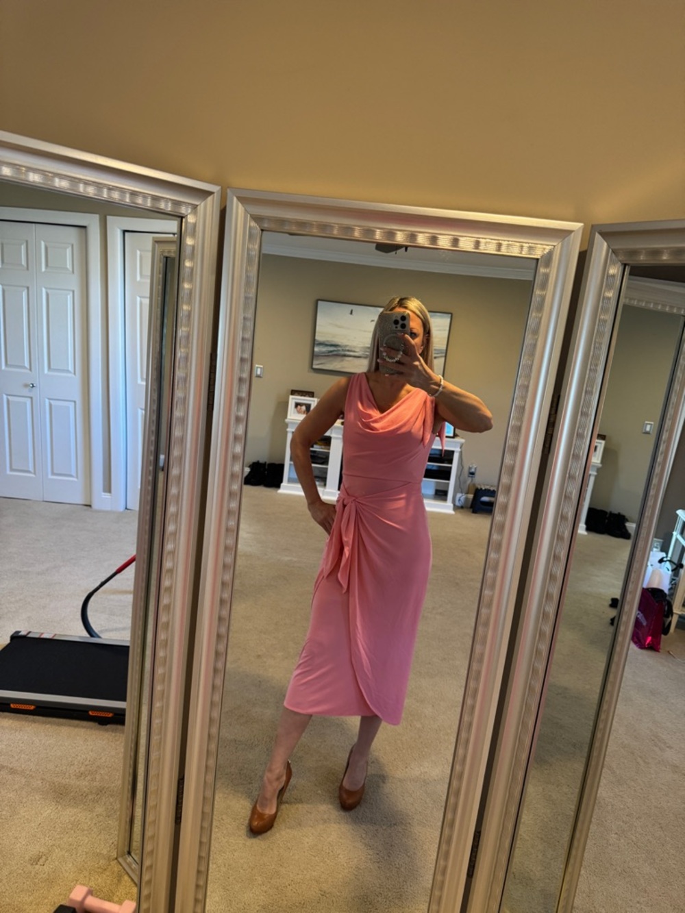 cinq a sept Pink Midi Draped Tie-Waist Dress